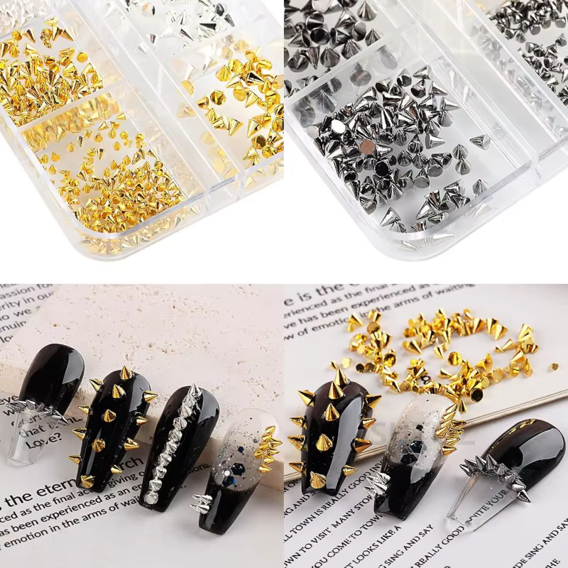 Rivets pour ongles Punk, 6 grilles, pointes, goujons métalliques, cône rond or/argent/noir, breloque