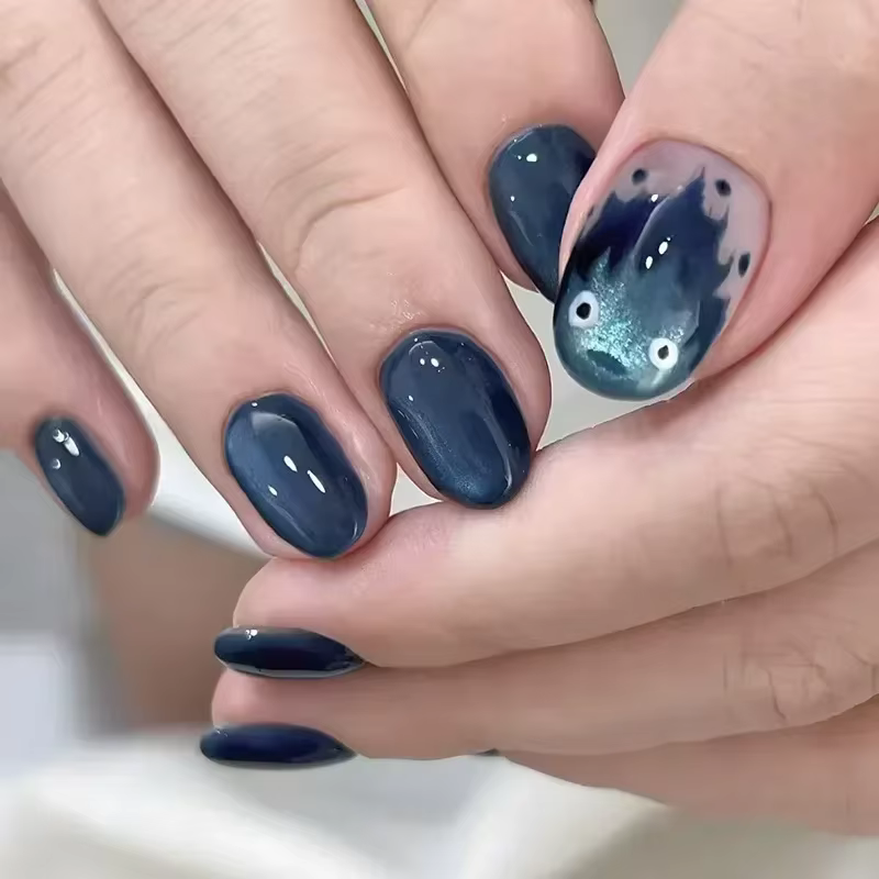 Faux ongles ronds courts, 24 pièces, Design d'ongles œil de chat, paillettes détachables, couleur un