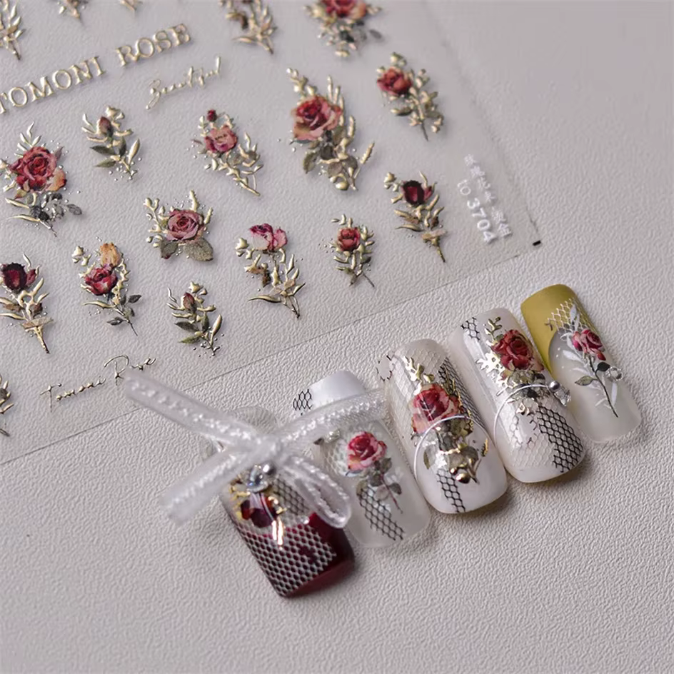 Autocollants pour ongles japonais Vintage, fleur de Rose rouge et bleue, Laser or argent, décalcoman