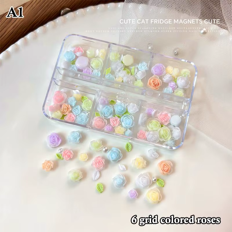 6/12 Grilles de breloques 3D pour nail art, motifs camélia, rose, fleurs, papillons et perles, assor