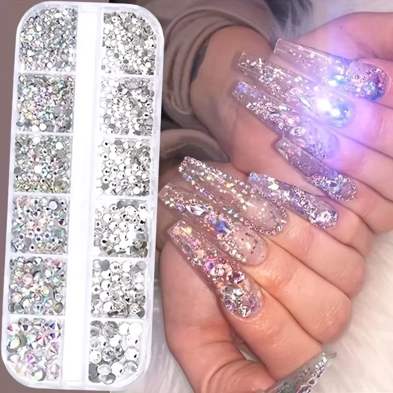 Boîte de strass 3D à dos plat pour ongles, gemmes en verre AB et cristal clair, Kit de breloques pou
