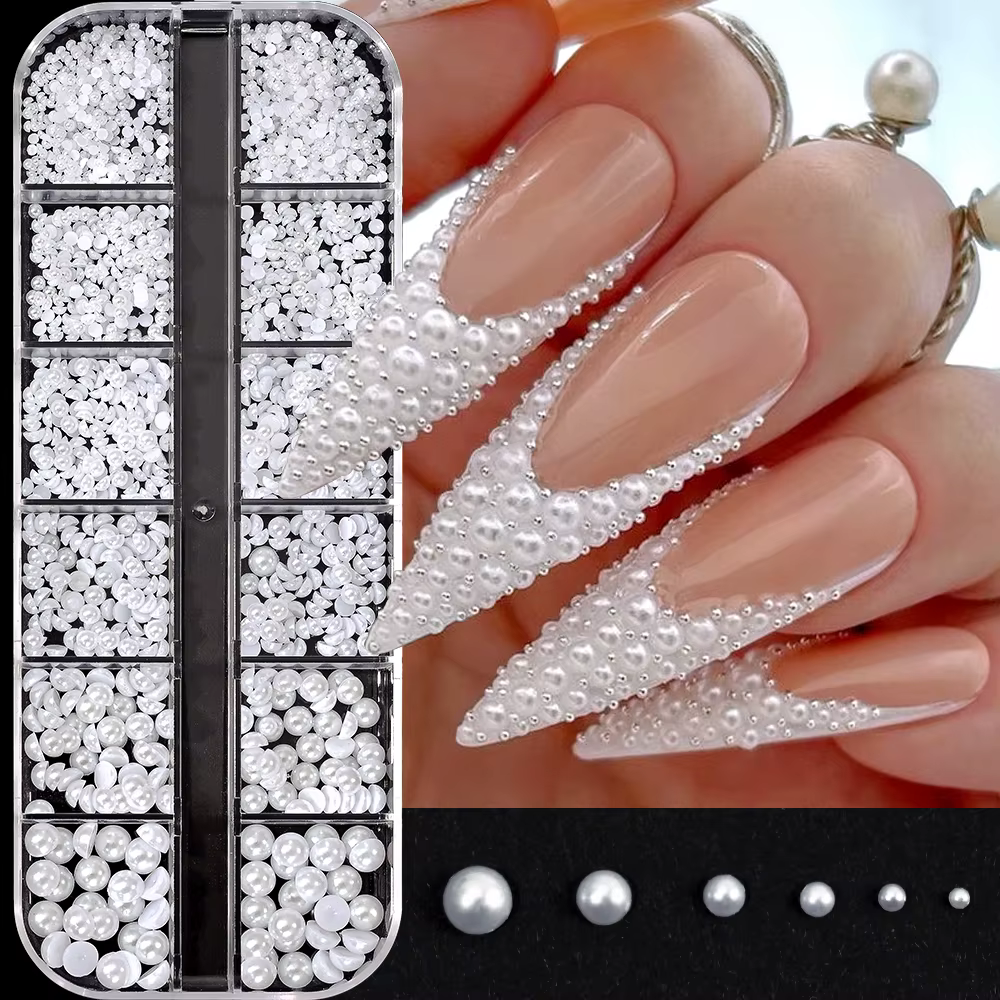 12 grilles de perles blanches 3D, breloques pour ongles, 1.5-5mm, perles rondes/demi-rondes, strass,