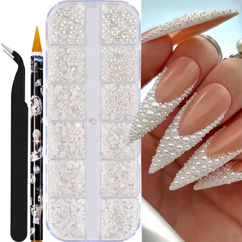 Perles demi-rondes à 12 grilles, breloques 3D pour ongles, 1.5/2/2.5/3/4/5mm, perles blanches à dos 