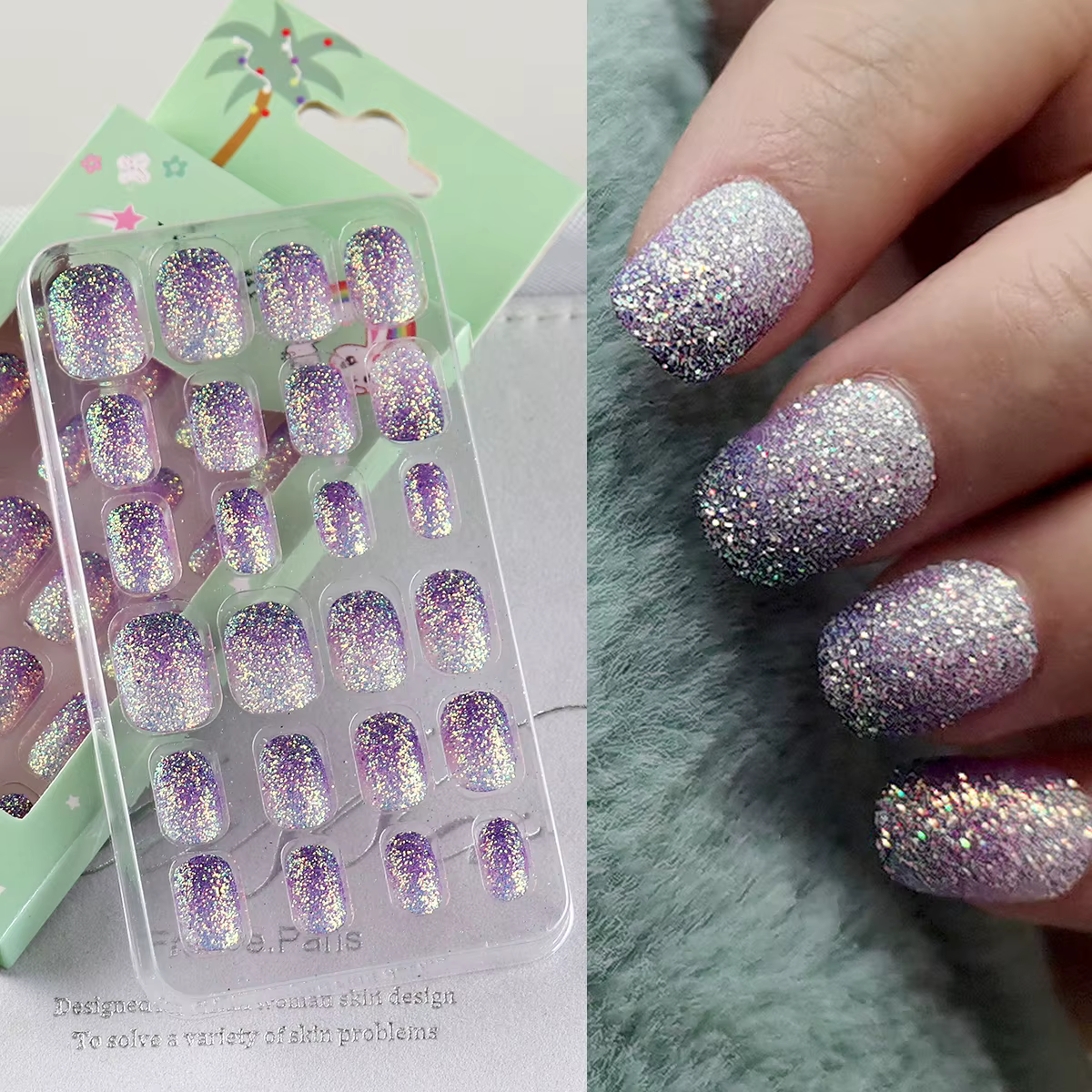 24 pièces violet paillettes enfants presse sur ongles pré-colle enfants dégradé faux ongles Art cons