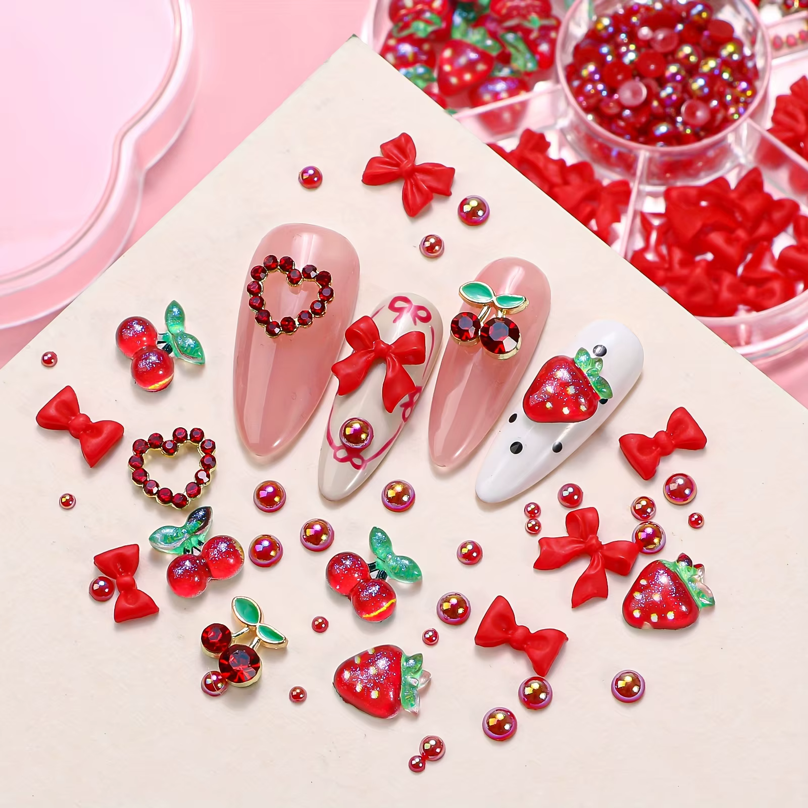 Breloques pour ongles, mélange aléatoire de fleurs de fraises, résine douce, lune à dos plat, access