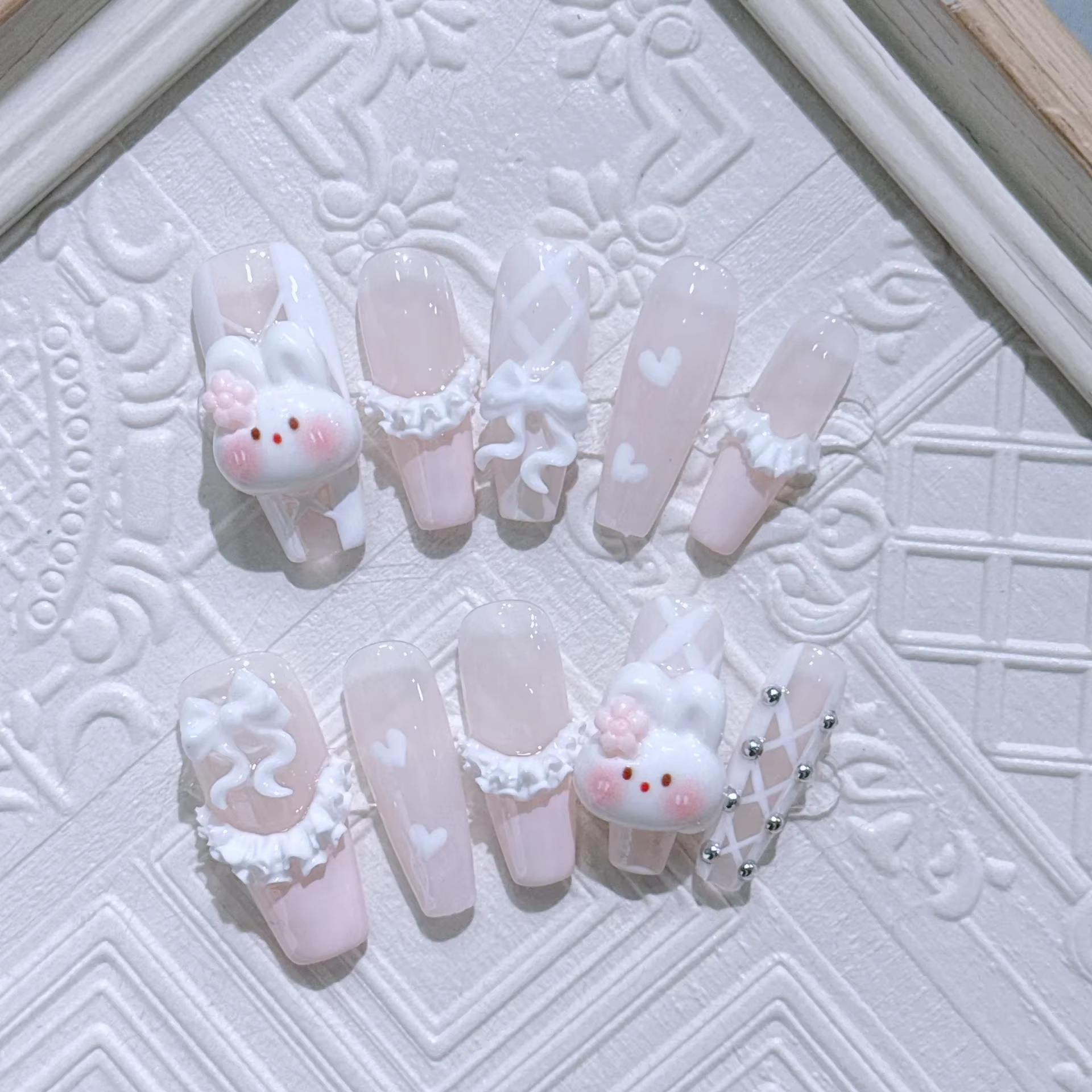 Faux ongles longs et amovibles faits à la main réutilisables simples doux français rose girly jupe e
