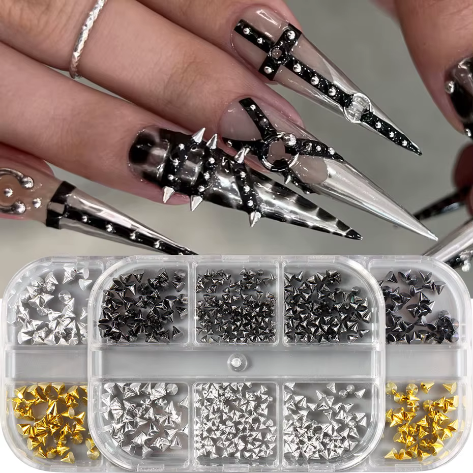 Breloques à Ongles en Forme de Cône D.lique, 6 Grilles, Noir, Argent, 1.5-3.5mm, Punk, Or, Rivet, Po