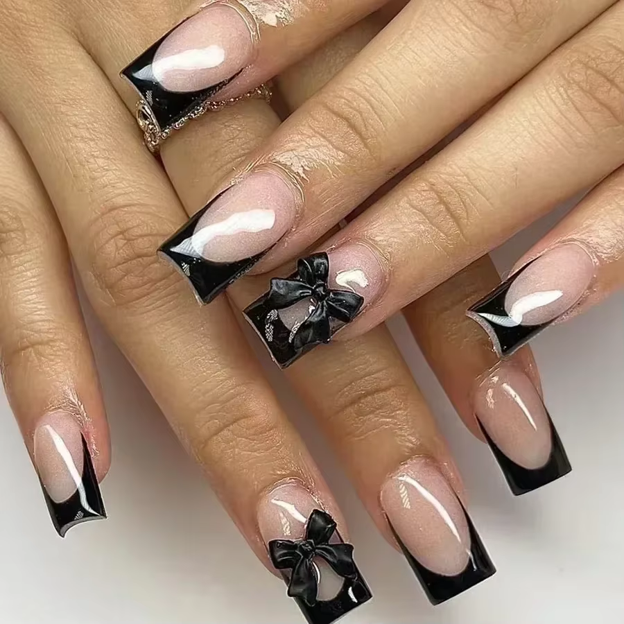 24 pièces presse sur ongles court amande nœud papillon noir presse sur ongles blanc perle douce poin