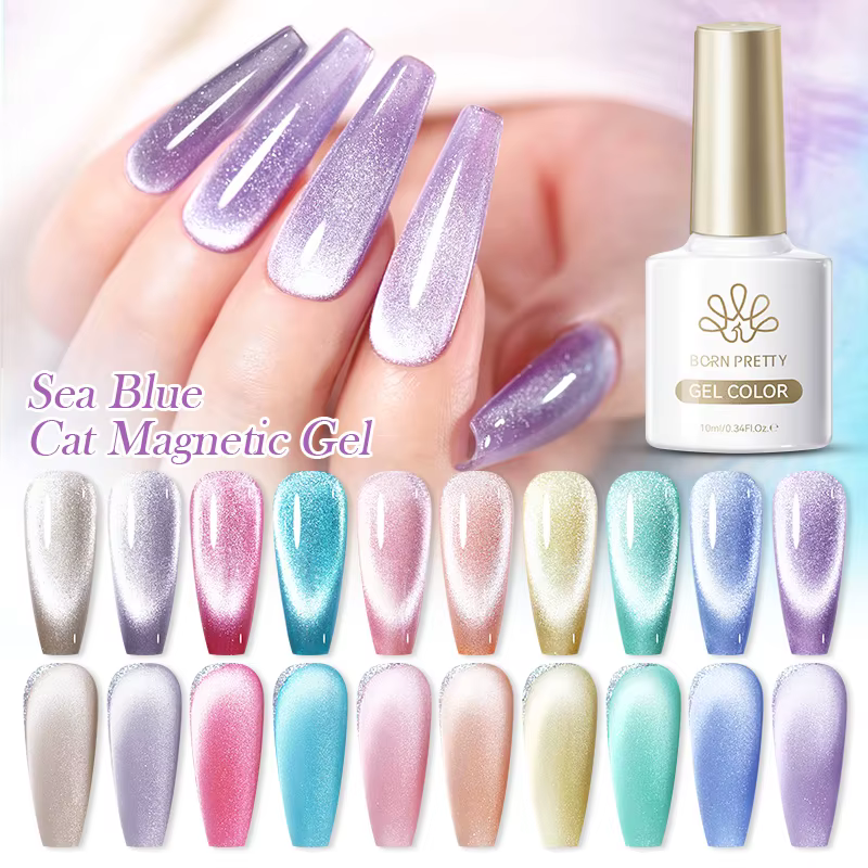 BORN PRETTY – vernis à ongles Gel magnétique chat bleu mer, 10ml, paillettes, lumière de neige, Semi
