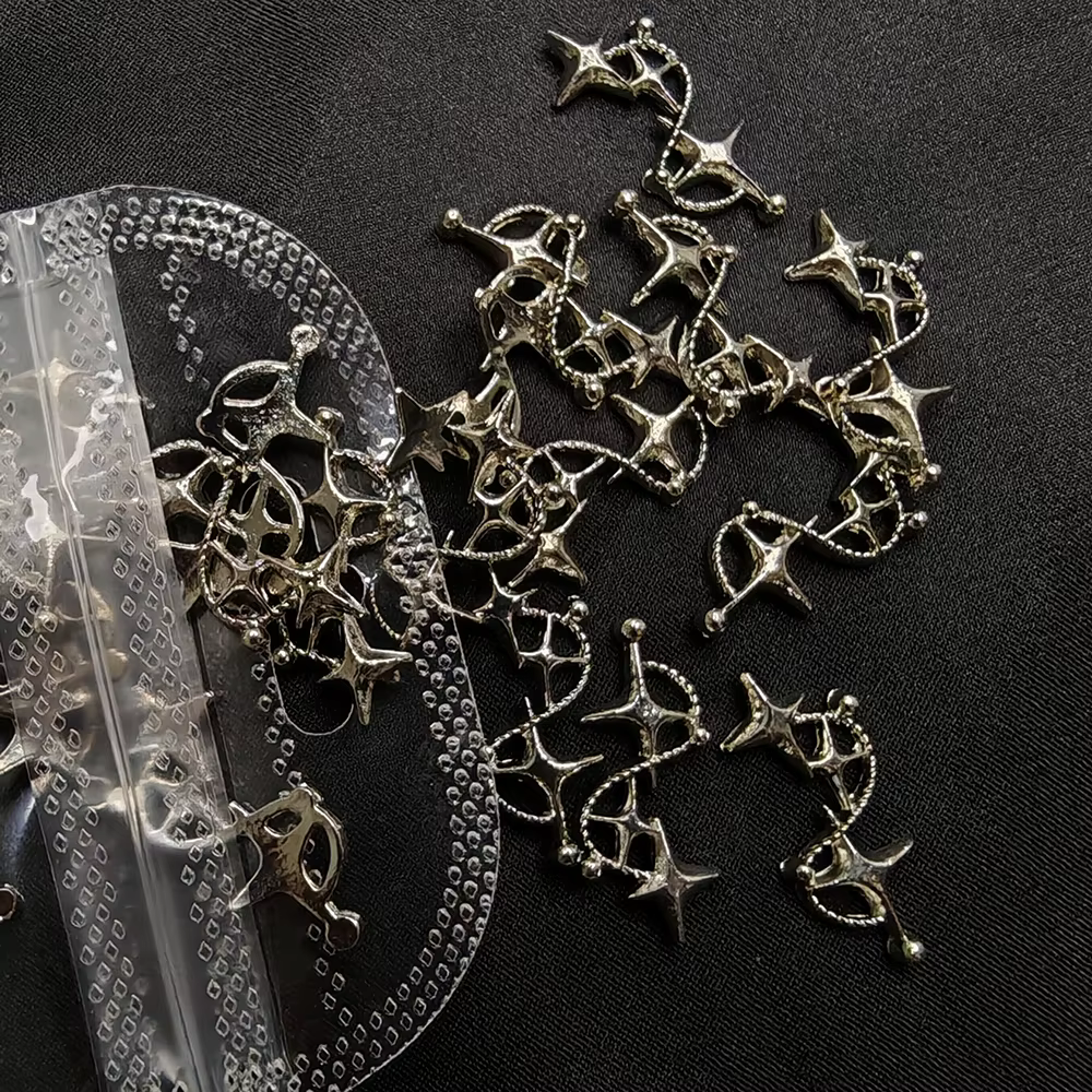 Breloques étoiles argentées pour ongles, bijoux métalliques 3D, gemmes météores évidées, décorations