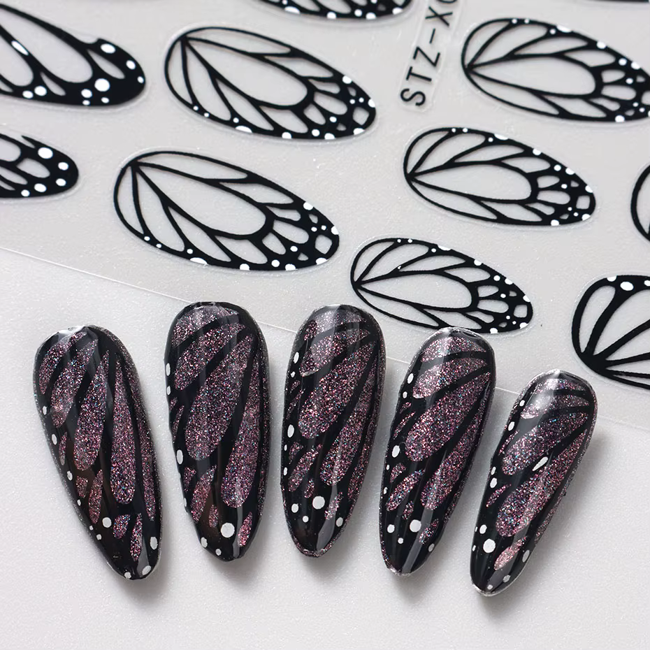 Autocollants pour ongles ailes de papillon noires, 2 pièces, modèles élégants pour ongles de printem