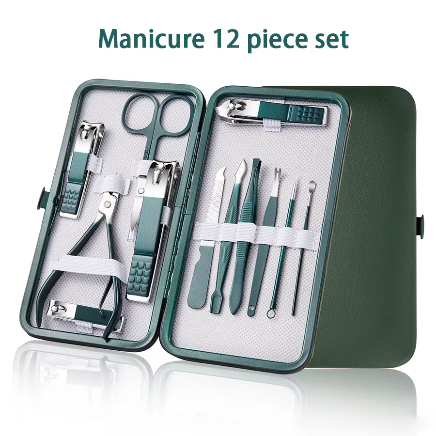 Ensemble de manucure vert 6-18 pièces avec étui en cuir, kits d'outils professionnels pour le soin d