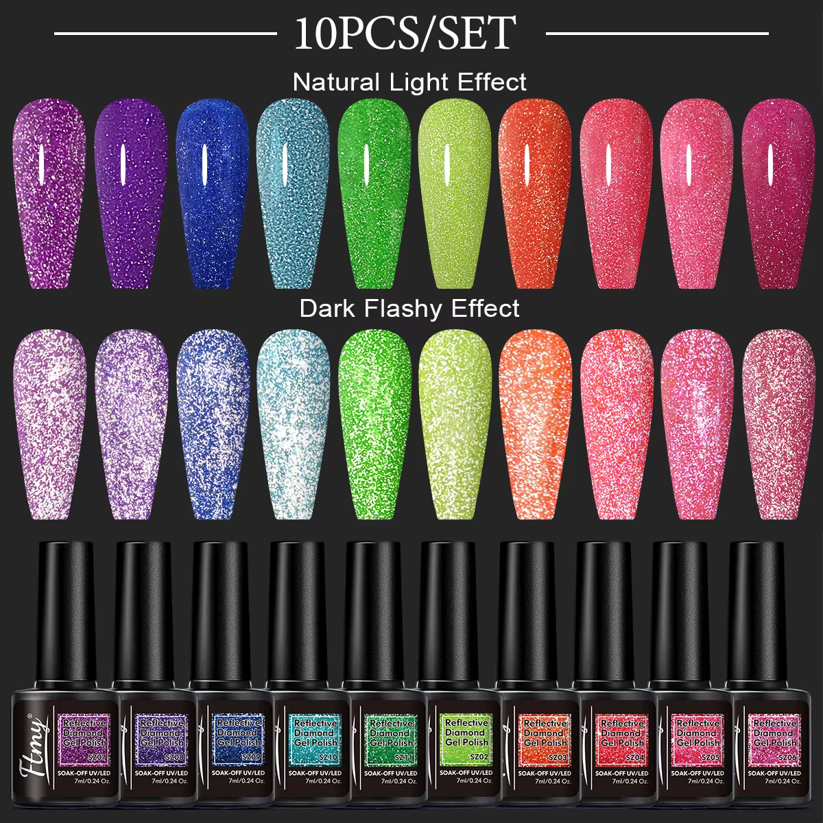 Lot de 10 vernis à ongles gel pailleté - Vernis brillant, absorbant les UV longue durée pour mains e