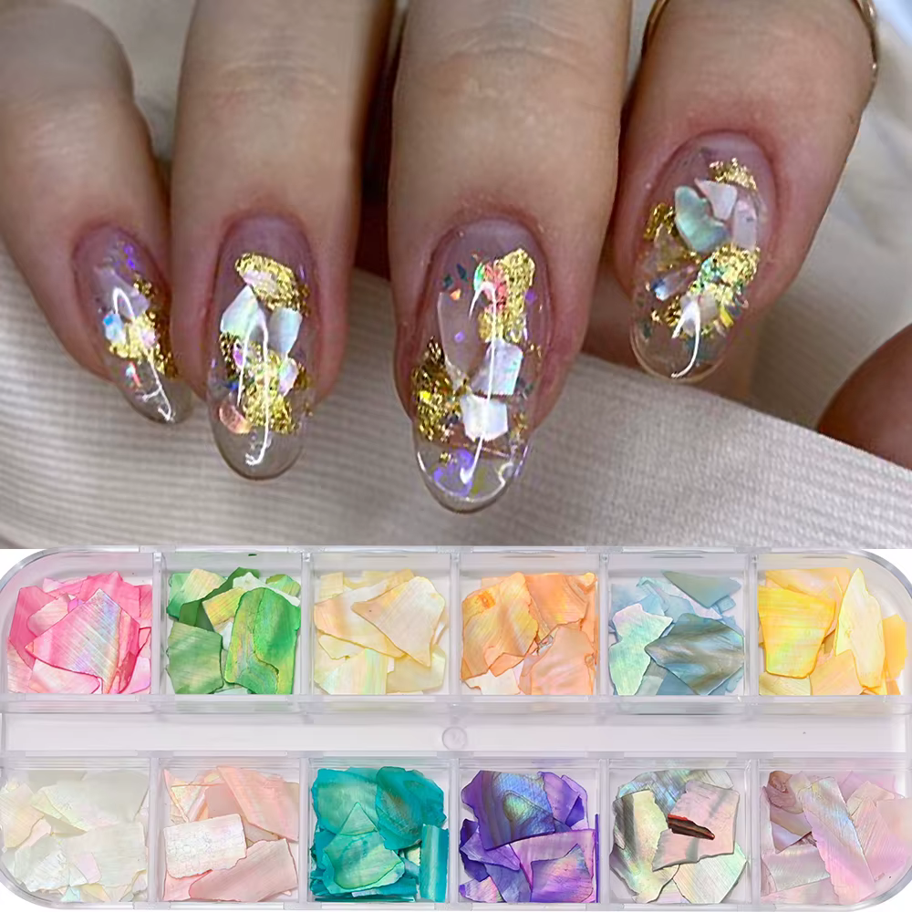 12 grilles Nail Art Aurora coquille d'ormeau flocons 3D tranches de coquille de mer irrégulières bre