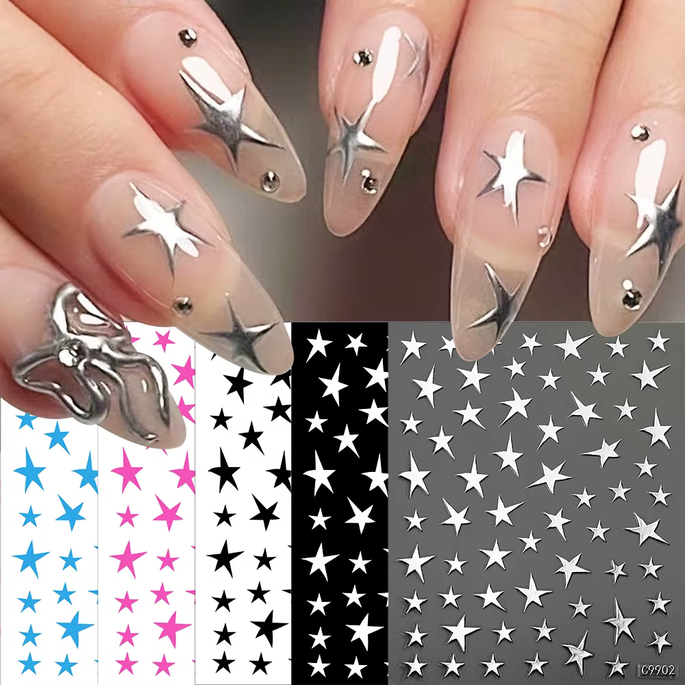Autocollants pour ongles étoiles 3D or argent, 12 pièces, décalcomanies bronzantes Starlight pour Na