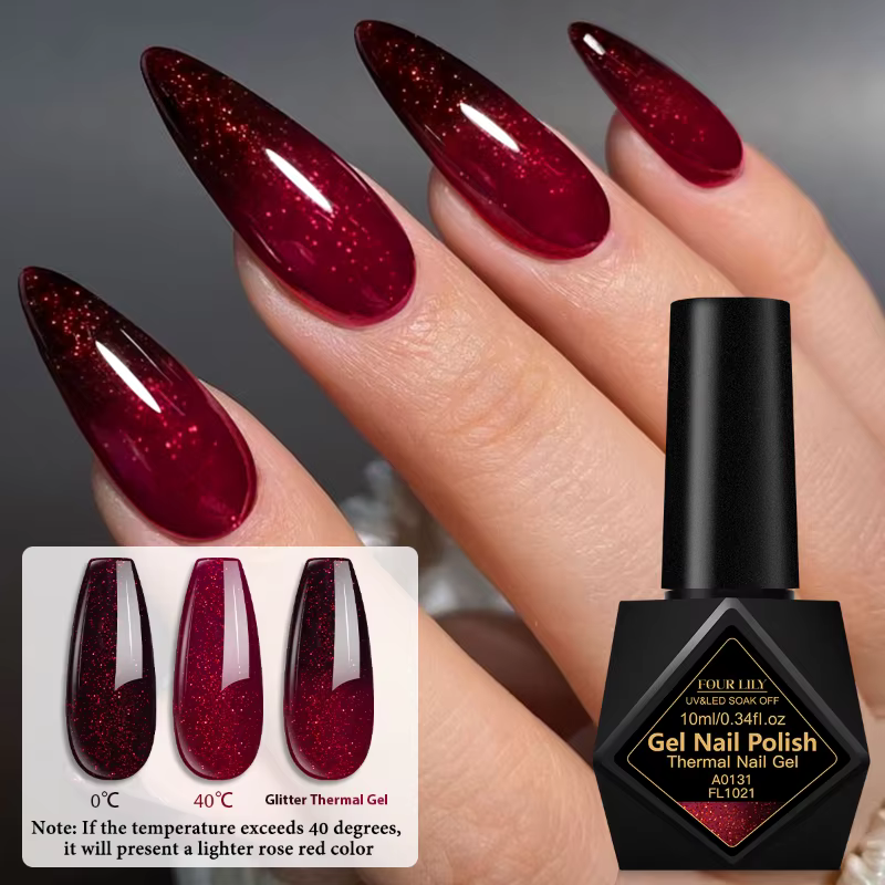Vernis à ongles thermique à paillettes rouges 10 ml, 2 couches, changement de couleur selon la tempé