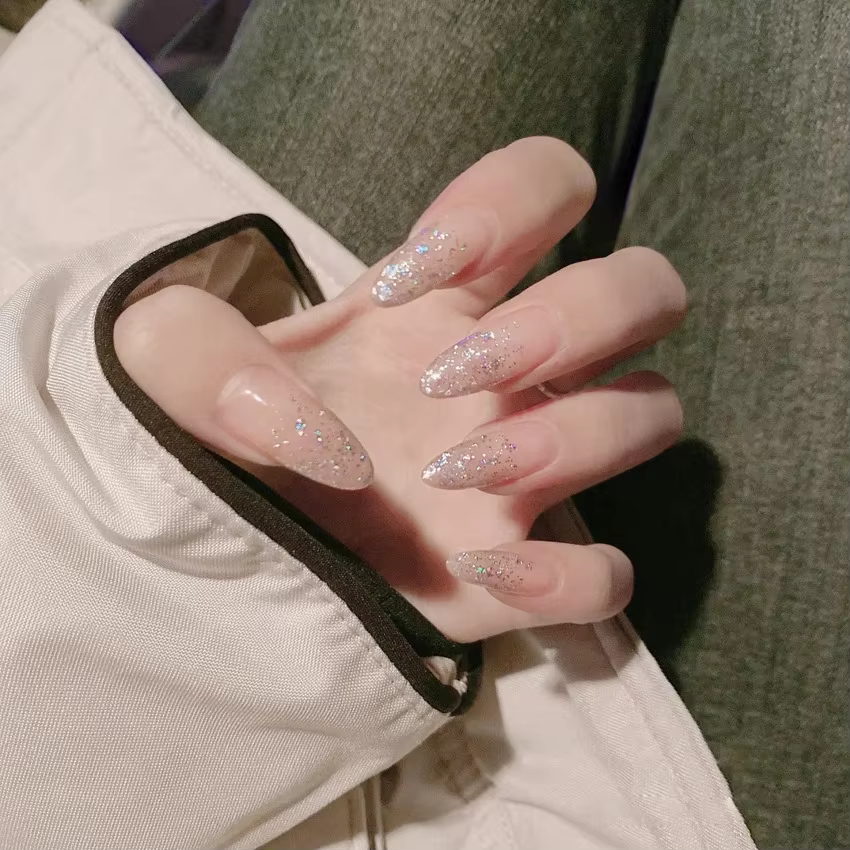 Faux Ongles Français N64.avec Pointes de Diamants, Couverture Complète, Adhésif, Artificiel, Acryliq