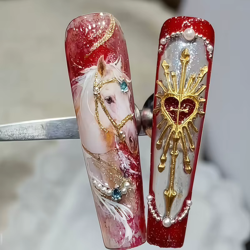 Moule à ongles en silicone transparent, motif tête de cheval licorne du Nouvel An, croix lumineuse s