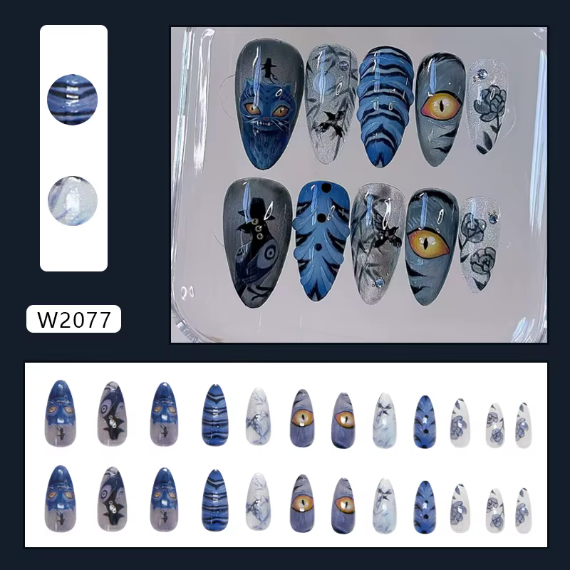 24 faux ongles longs en forme d'amande - Rose sombre mystérieuse unique avec un motif de hibou à un 