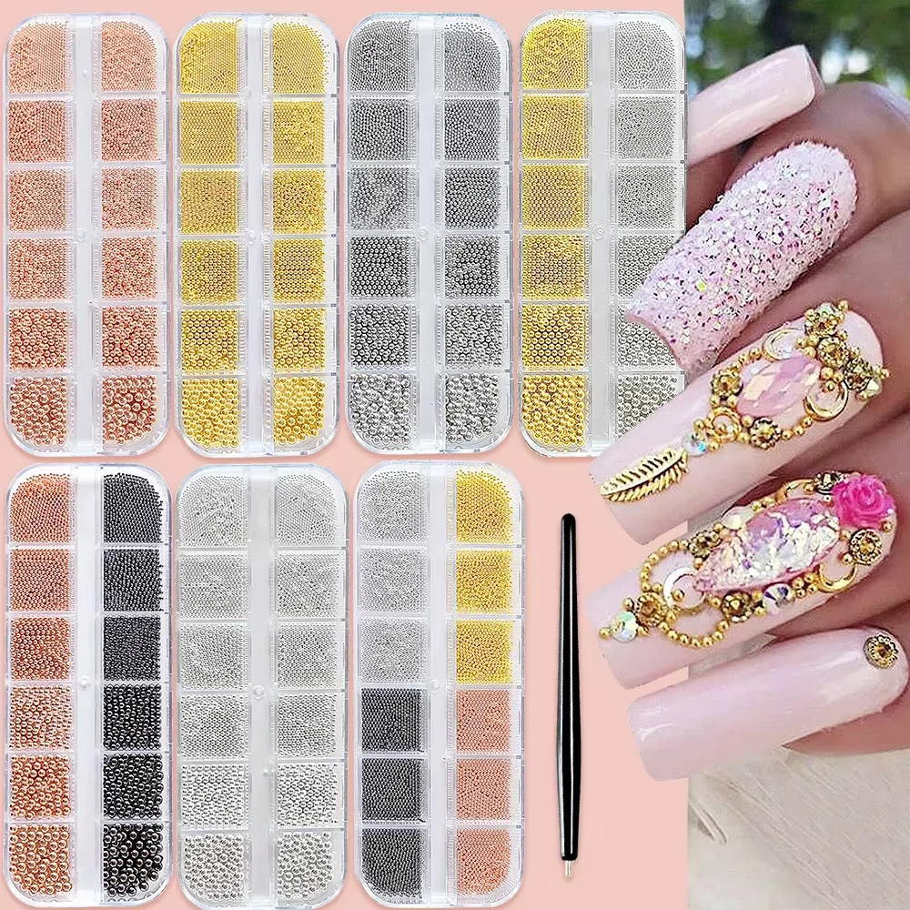 Mini perles de Caviar à 12 grilles, décorations pour Nail Art, Micro boule en métal or/argent, brelo
