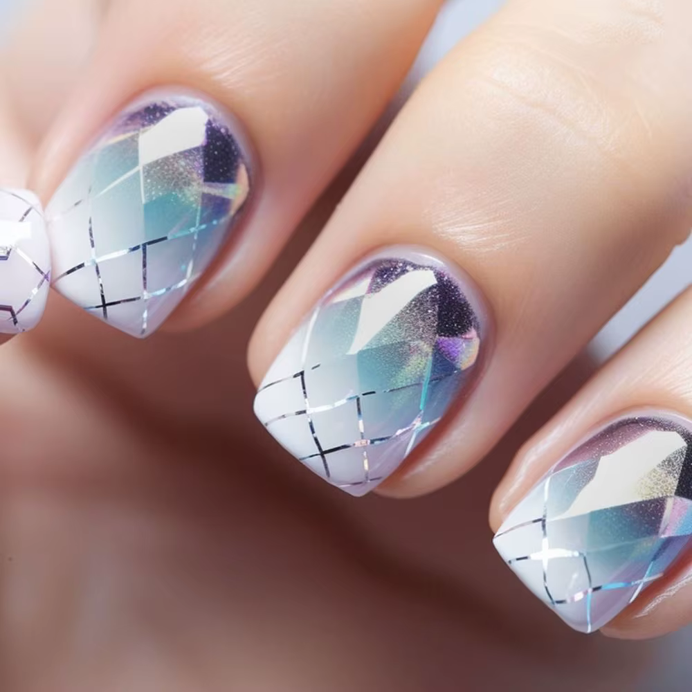 Faux ongles courts et ronds, 24 pièces, bleu français, perle de Rotterdam kling, blanc ondulé, cœur