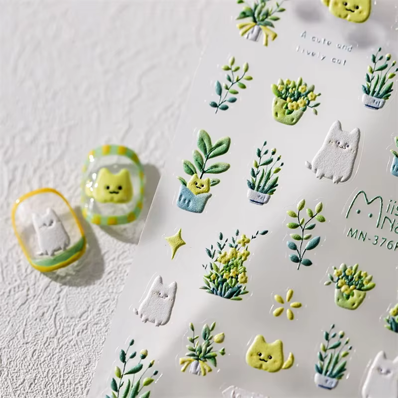 Autocollants pour ongles, 1 pièce, joli chat vert, plante en pot, fleurs, Reliefs 5D, autocollants a