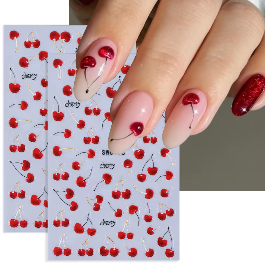 Autocollants pour ongles cerise rouge, 2 pièces, dessin animé fruits cerises tropicaux, Design d'été