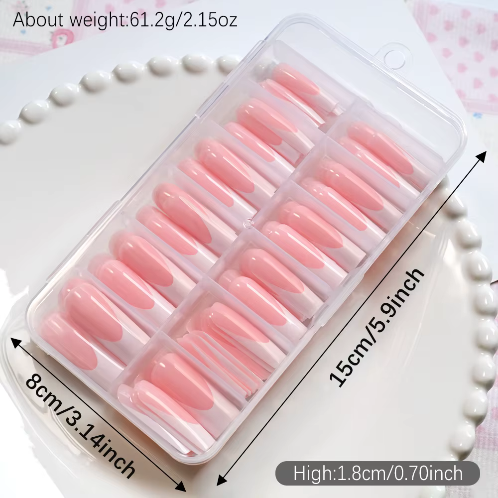 120 pièces brillant rose français presse sur ongles 12 tailles longs carrés faux ongles blanc bord c