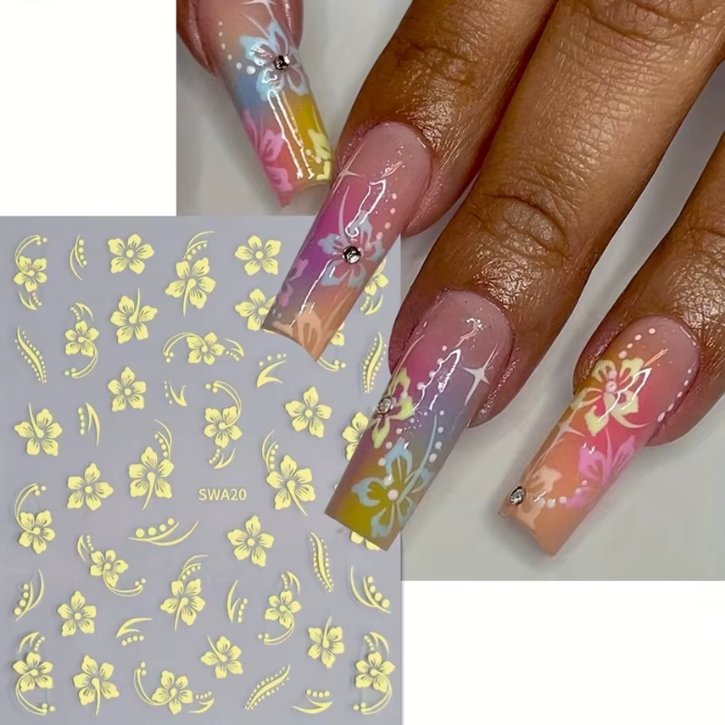 Autocollants pour ongles à motif de fleurs d'hibiscus - Autocollants auto-adhésifs à finition scinti