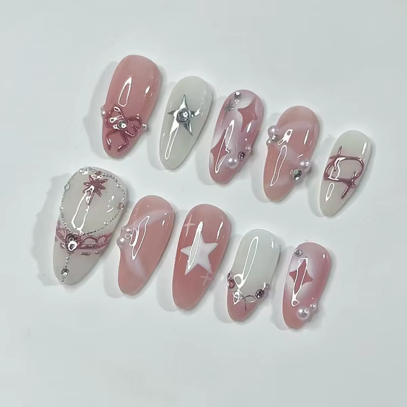 24 pièces rose amande presse sur ongles motif de fleur faux ongles portable ongles à coller faux ong