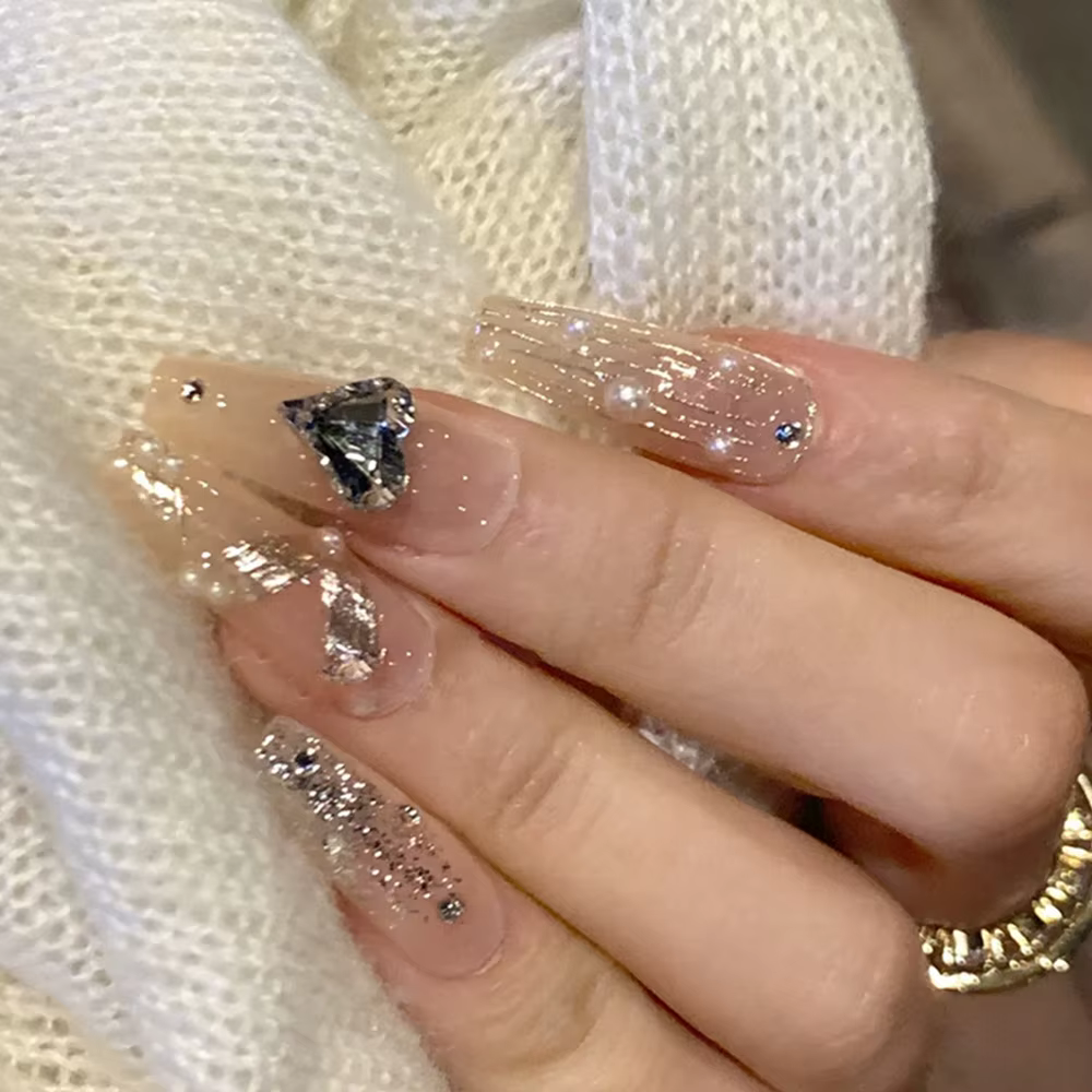 Faux ongles mi-longs avec motif de fleur en forme de cœur 3D, dégradé violet rouge, pointes de Balle
