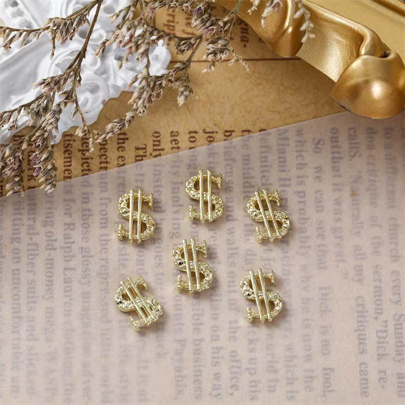 Breloques 3D en alliage Nail Art, or et argent, argent, argent, dollar, métal, décorations pour ongl