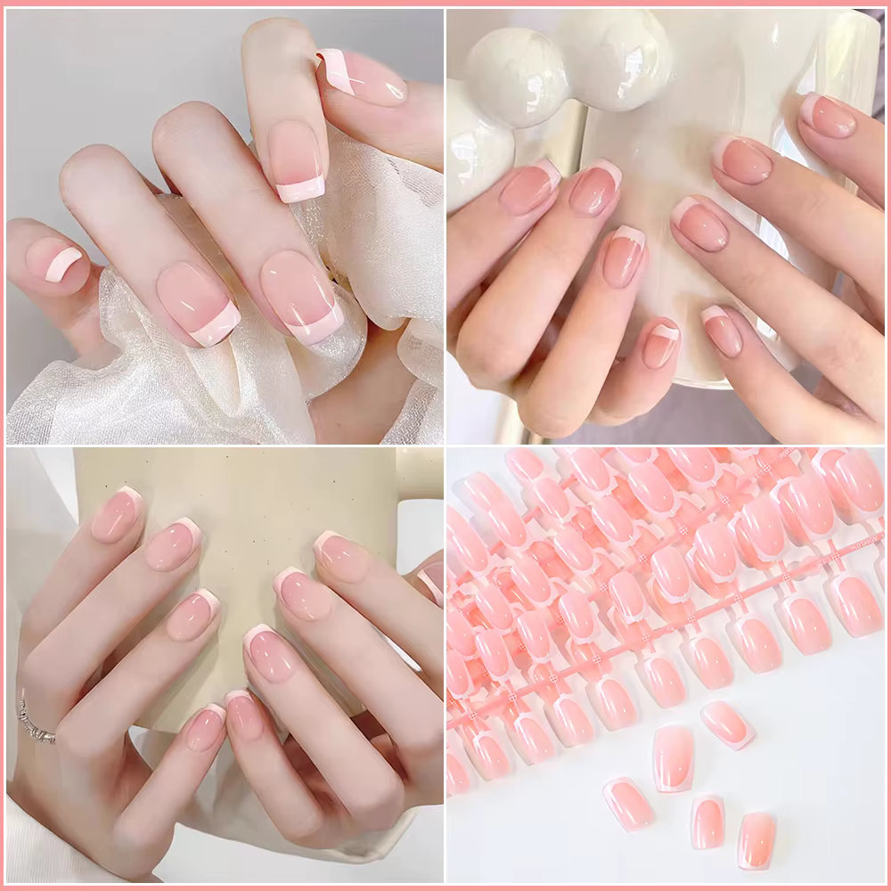 Faux ongles français en forme de cercueil, courts et carrés, rose brillant, couverture complète, por