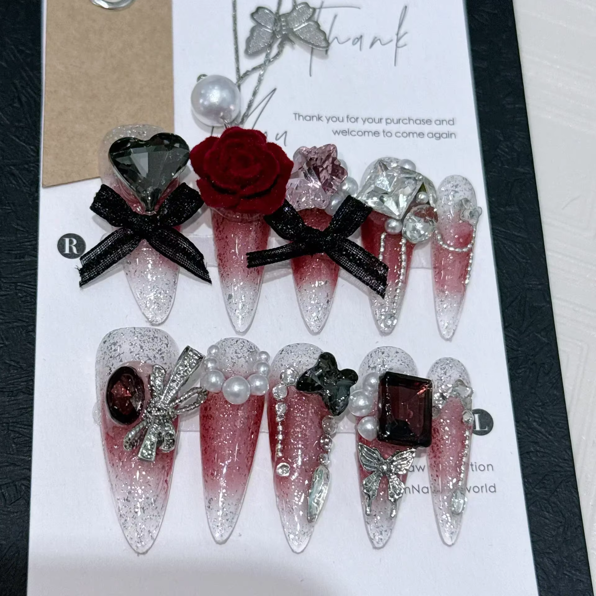 Faux ongles de Ballet longs et détachables, avec papillon et camélia, Design Y2k, couverture complèt