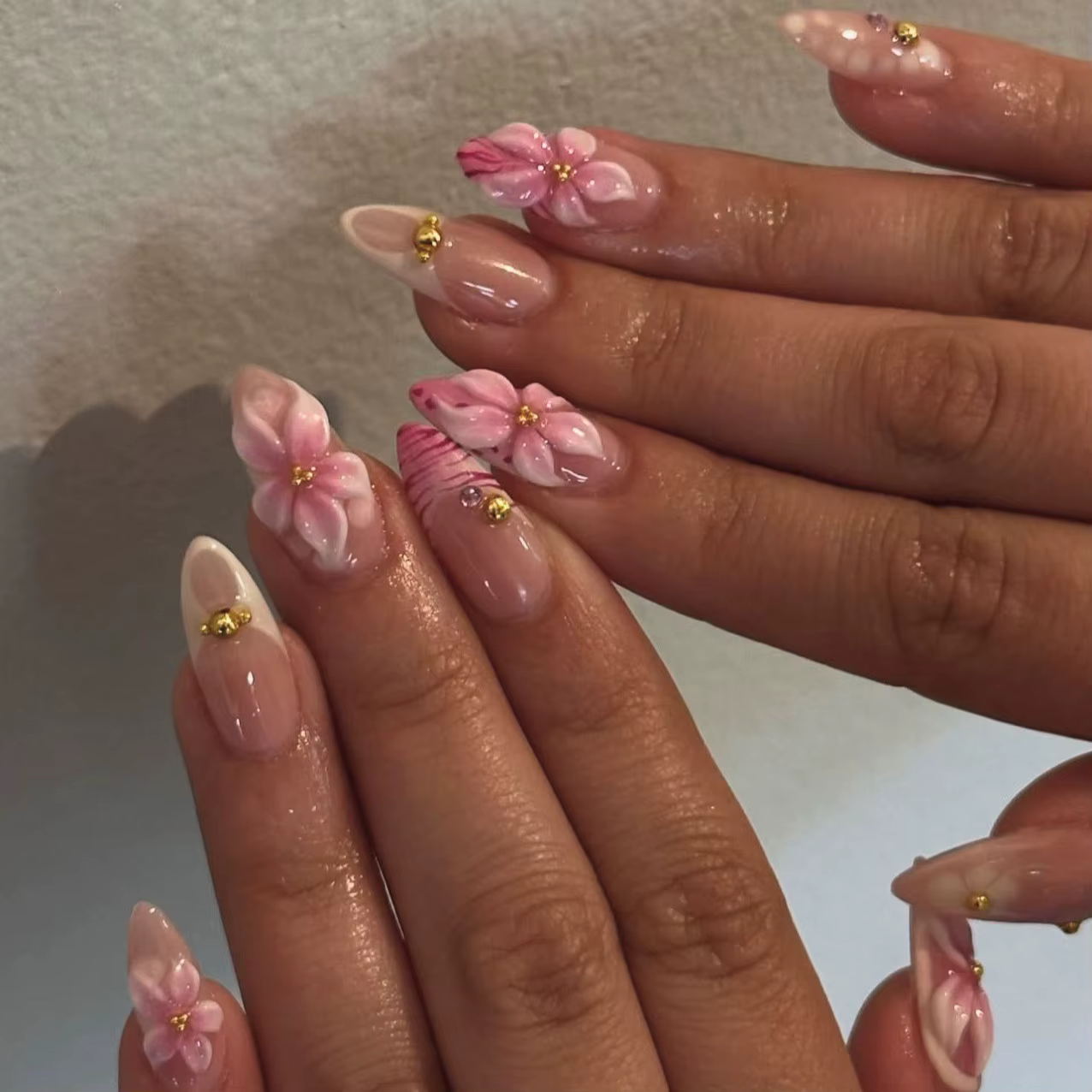 24 pièces/ensemble français amande presse sur ongles fleur rose faux ongles épicés filles faux ongle