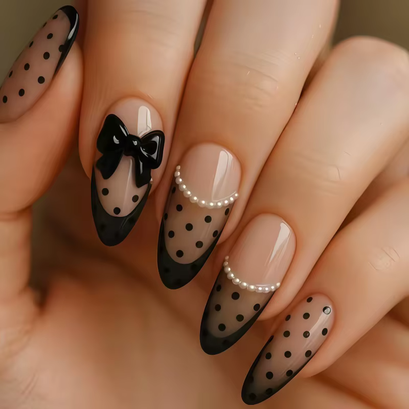24 faux ongles noirs à pois, style manucure française, avec nœud décoratif, dégradé de perles et aut