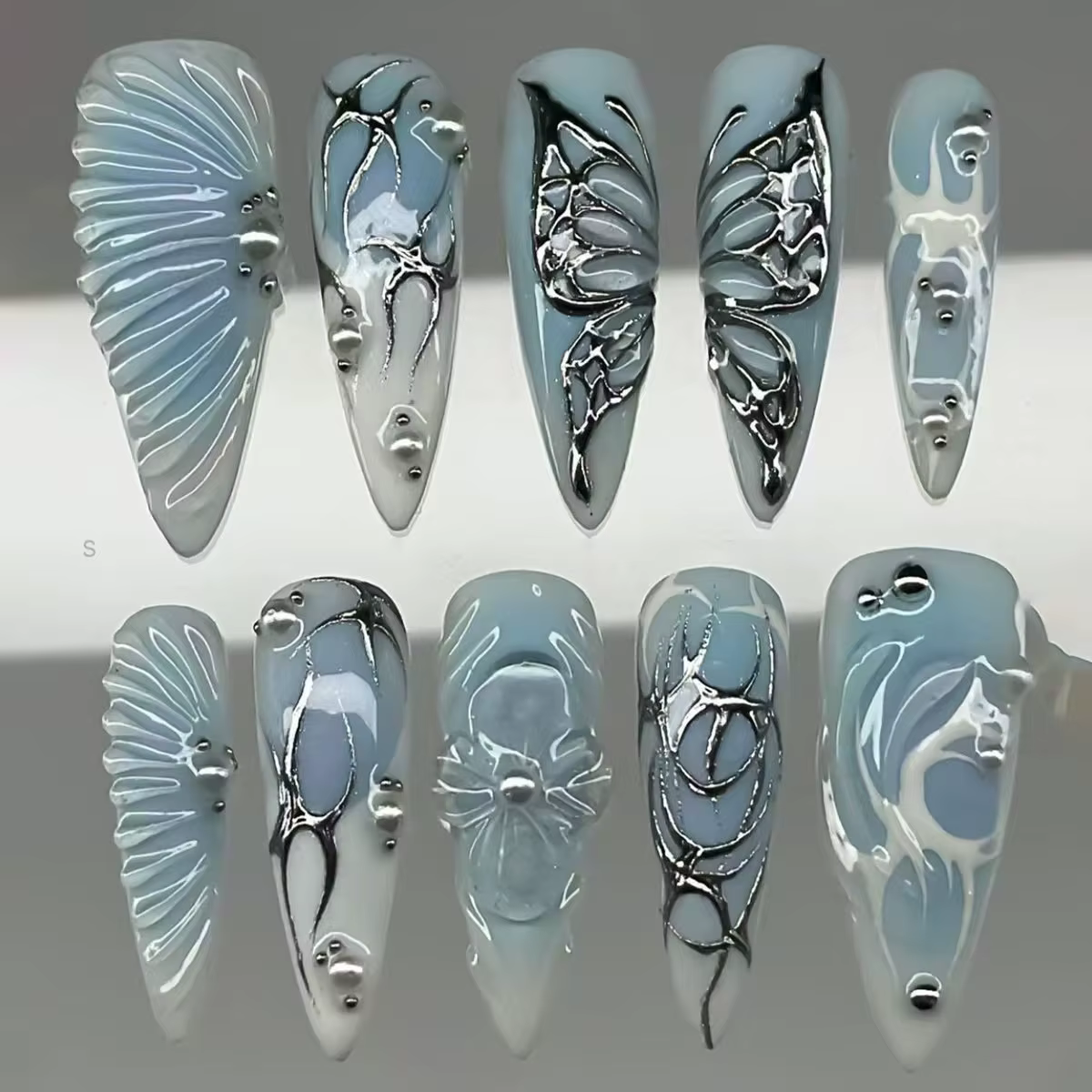 10 faux ongles bleus à presser avec strass, longs en acrylique, forme amande, pour filles stylées