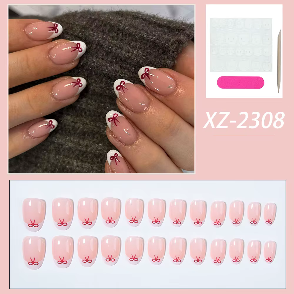 24 morceaux de pointes d'ongles courtes en forme d'amande avec des motifs de nœud rouge, manucure fr