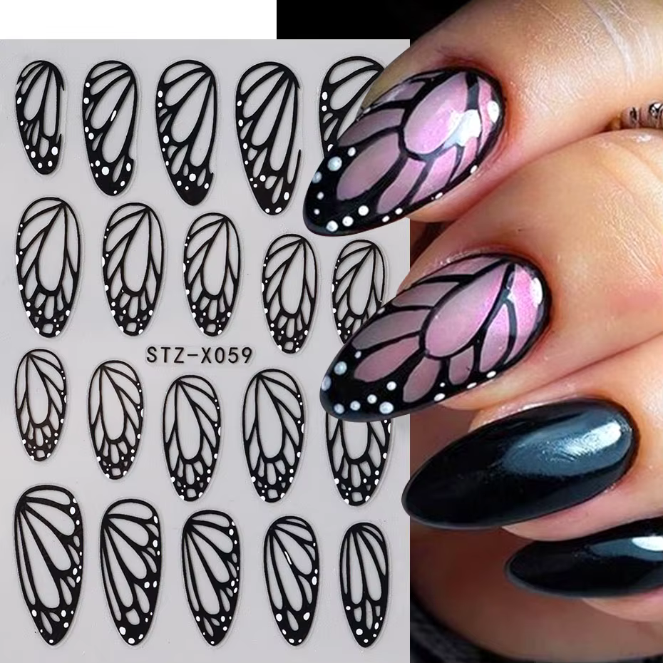 Autocollants pour ongles ailes de papillon noires, 2 pièces, modèles élégants pour ongles de printem