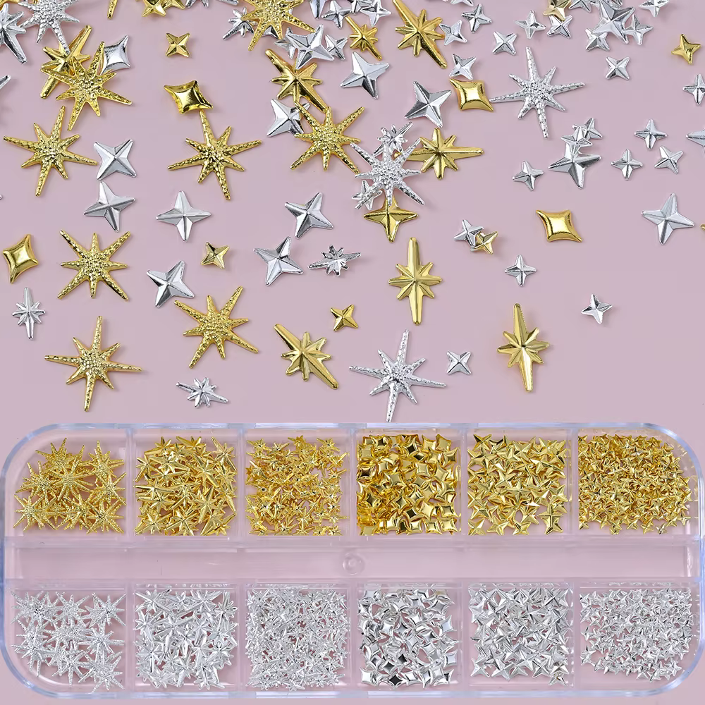 Breloques étoiles métalliques 3D pour Nail Art, 12 grilles, or/argent, Starlight, croix, Rivets, déc