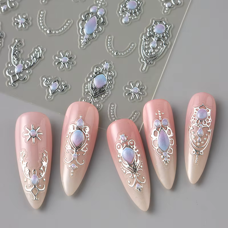 Autocollants de luxe en relief pour ongles, Style Baroque doré argenté, Y2K, motif métallique rétro
