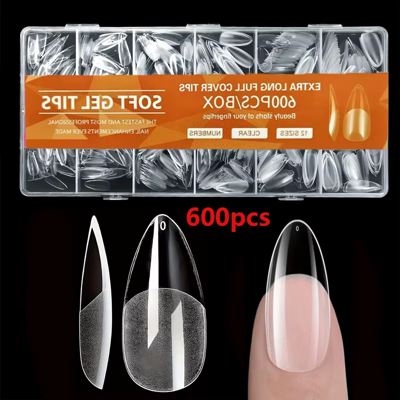 600 faux ongles pointus, semi-mat, couvrance totale, en acrylique, avec colle moyenne, pour salon de