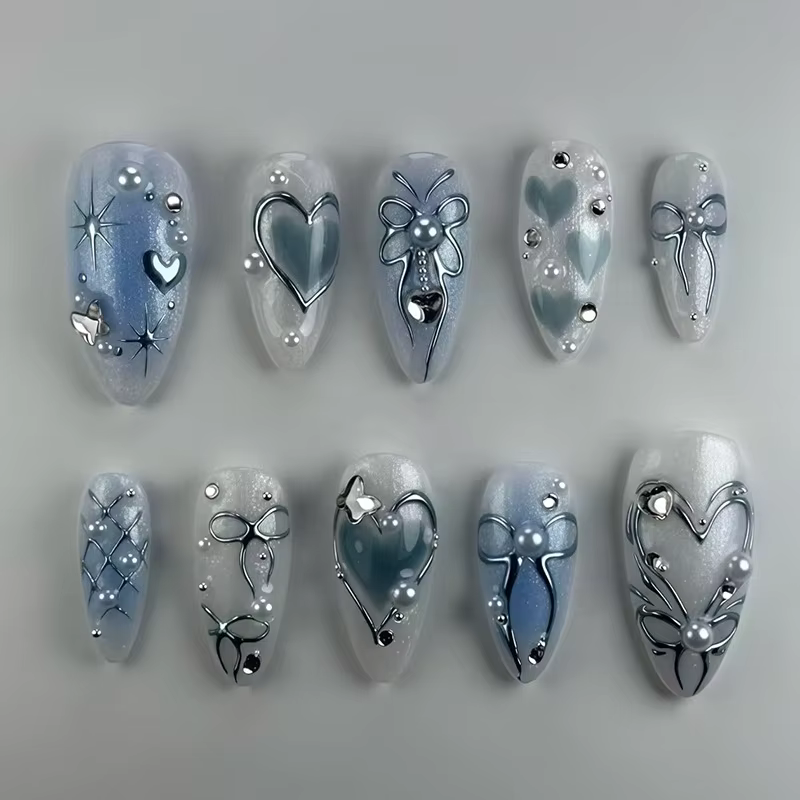 Faux ongles ovales mi-longs à pression en amande bleue, 24 pièces, avec perles 3D, pointes à motif d