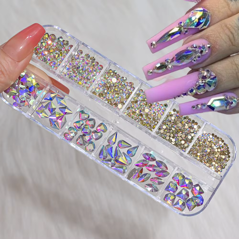 12 grilles 3D rouge Nail Art strass mixte coeur/papillon/rond/goutte verre diamants bricolage manucu