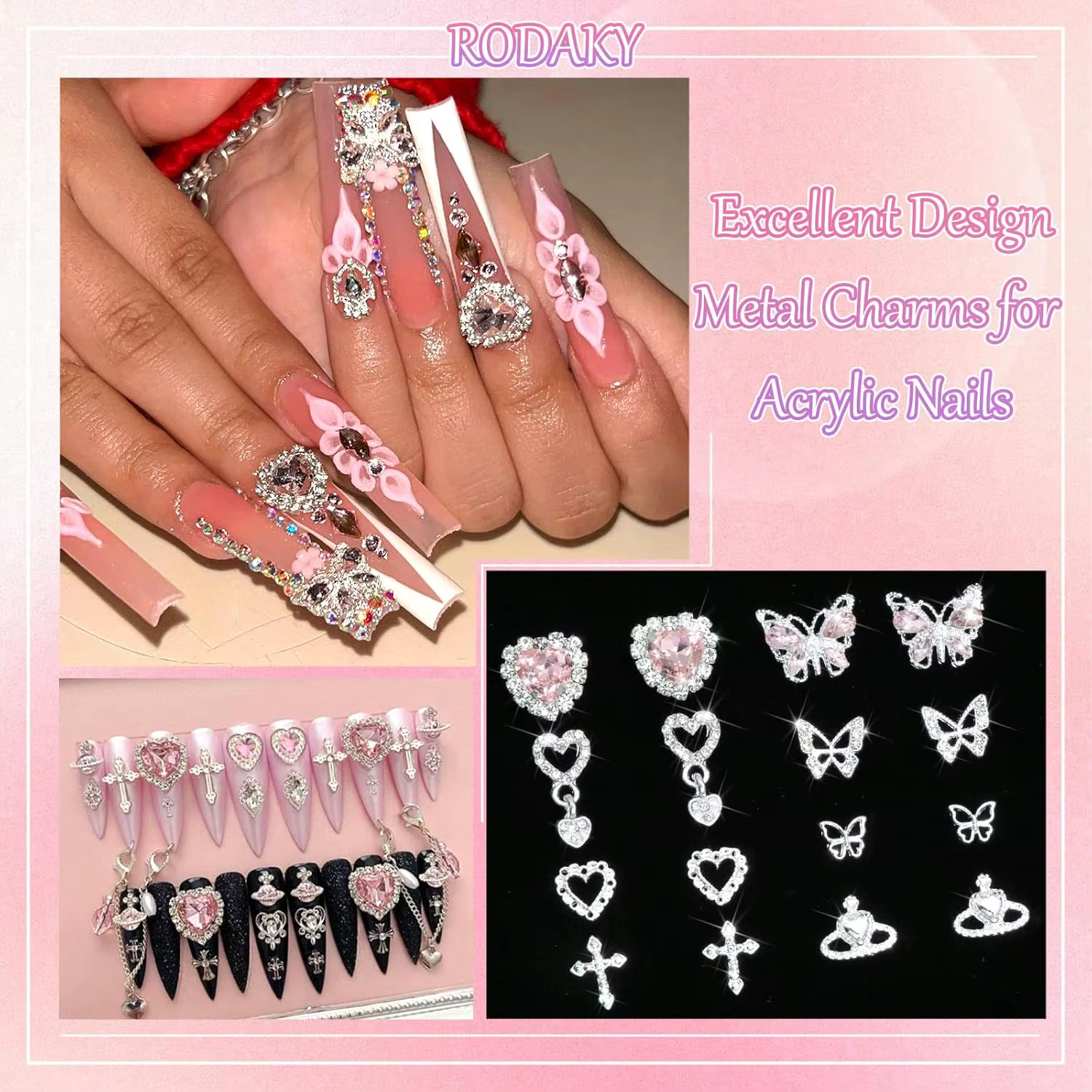 47 pièces 3D papillon ongles breloques argent croix Nail Art breloques balancent coeur breloques pou