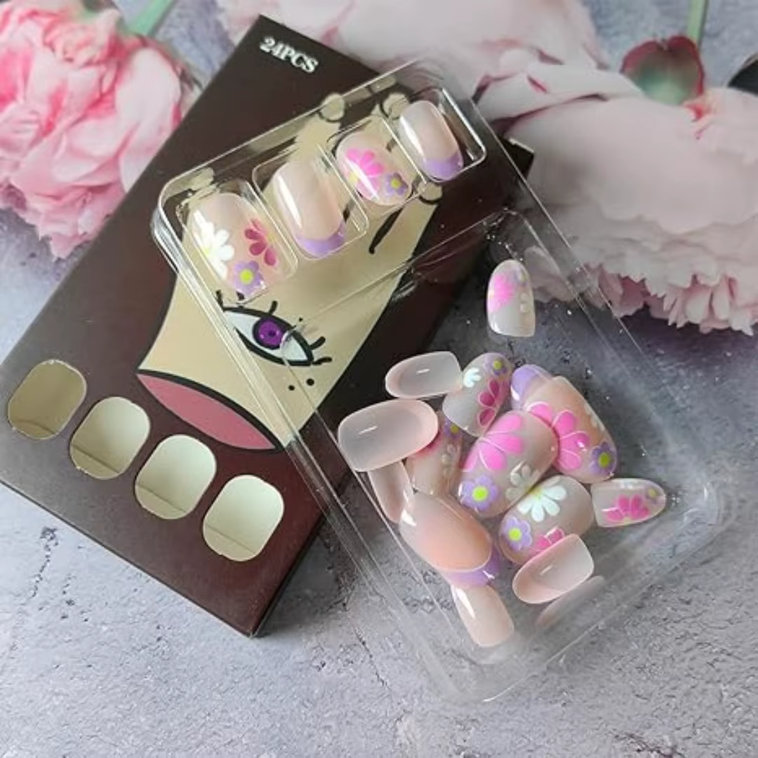 Faux ongles courts à pression en amande, 24 pièces, pointe française florale rose, brillants et élég
