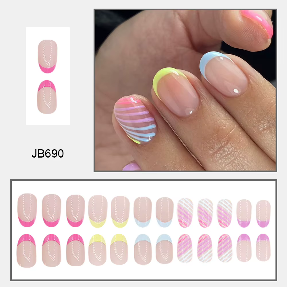 24 pièces presse sur ongles rayures autocollants français pour ongles pointes d'ongles simples court