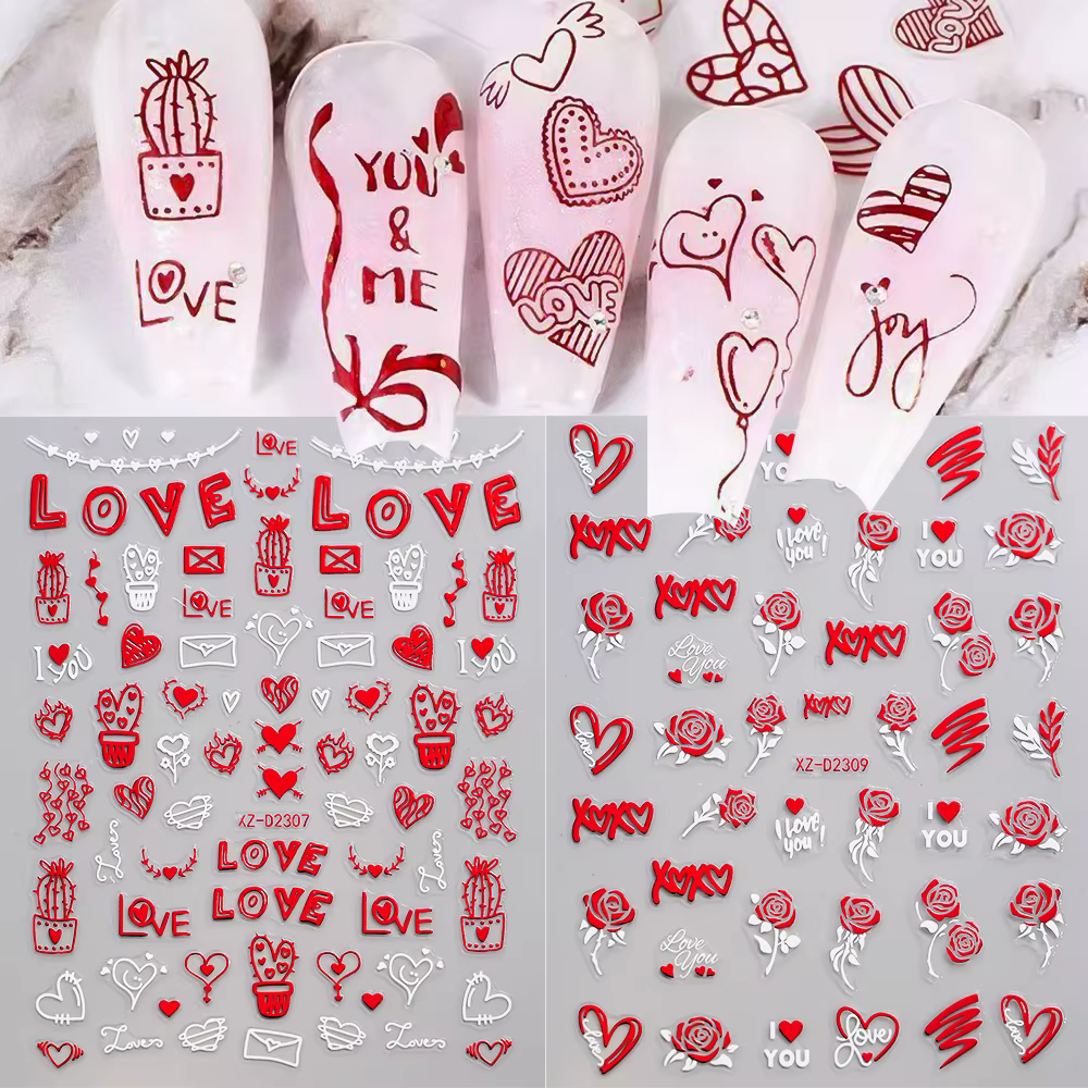 Ensemble d'autocollants pour ongles en forme de cœur rouge, saint-valentin, baiser 3D, lèvres rouges