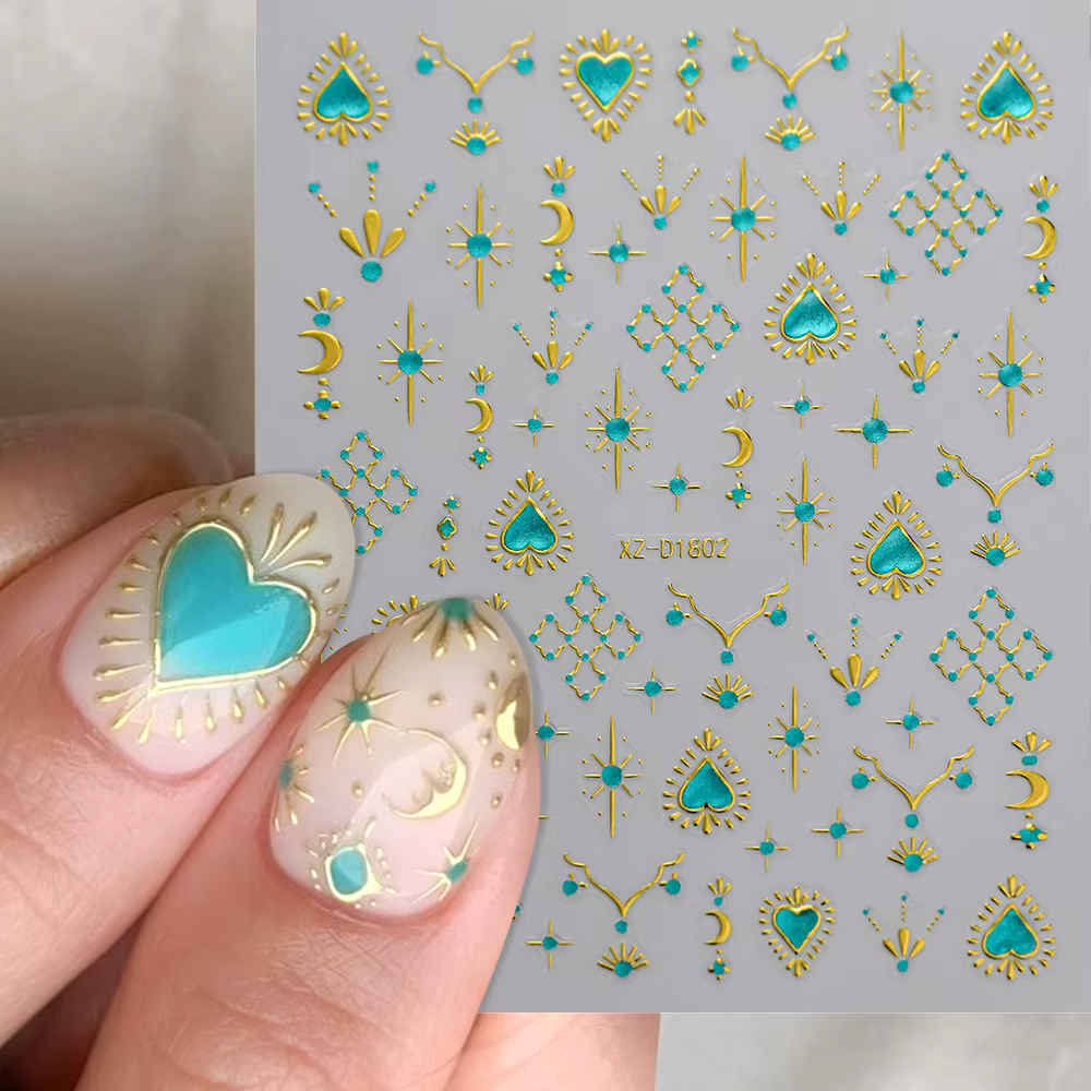 5D bleu gemme étoile soleil lune bronzant Nail Art autocollant métallique Style bohème or argent amo