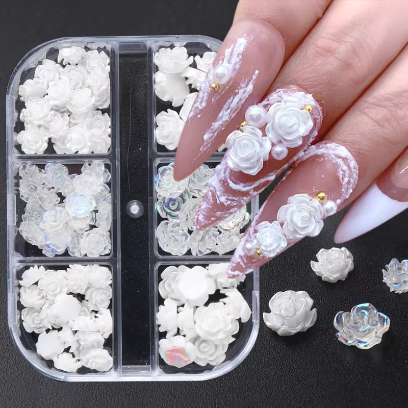 6 grilles noir Rose 3D Nail Art décoration des ongles blanc Rose fleur décoration des ongles breloqu
